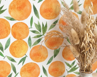 Whimsical Blooming Orange Wallpaper | Large Scale Citrus Floral Wall Mural, Peel and Stick or Traditional Wall Covering