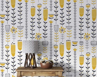 Scandinavian Nature Floral Wallpaper, Botanical Yellow Vinyl Wallpaper Kitchen Bedroom Mural, Scandinavian Home Decor, Vintage Wall Art