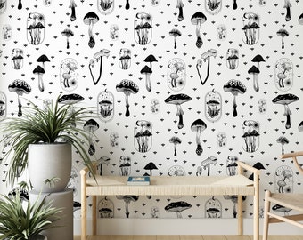 Forest Mushroom Peel and Stick Wallpaper - Removable Luxury Wall Decor - Vintage Botanical Temporary Decal, Black Mushroom Wall Mural