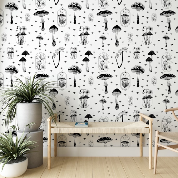 Forest Mushroom Peel and Stick Wallpaper - Removable Luxury Wall Decor - Vintage Botanical Temporary Decal, Black Mushroom Wall Mural