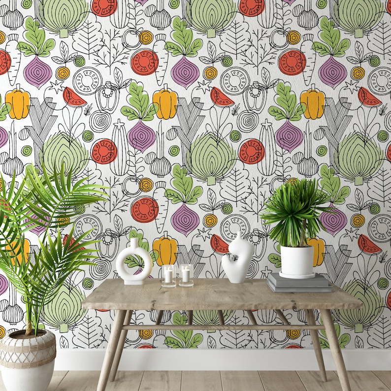 Vintage Vegetables Kitchen Wallpaper, Retro Kitchen Veggie Wall decor, Farmhouse Wall Art image 1