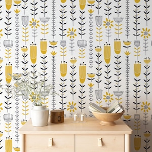 Scandinavian Nature Floral Wallpaper, Botanical Yellow Vinyl Wallpaper Kitchen Bedroom Mural, Scandinavian Home Decor, Vintage Wall Art