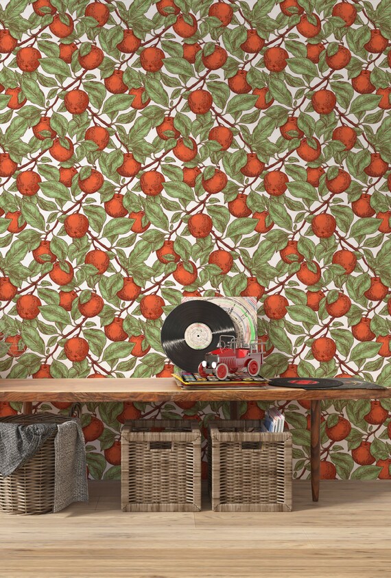 Apple Wallpaper, Fruit Wallpaper, Vintage Leaves Wallpaper, Removable Wall Paper