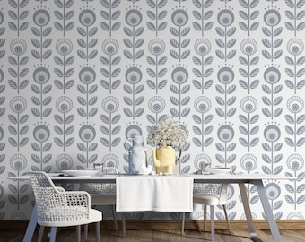 Scandinavian flowers floral wallpaper - Peel & Stick Wallpaper - Removable Self Adhesive and Traditional wallpaper #143