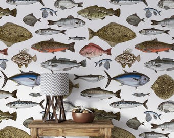 Fish Wallpaper Peel and Stick, Vintage Fish Wall Mural, Ocean Fish Wallpaper, Marine Life Wall Art, Beach House Wall Decor
