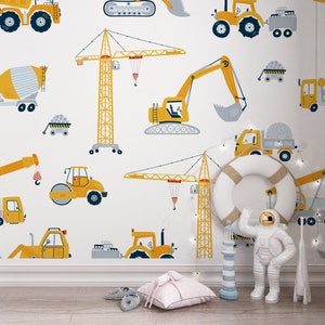 Construction Vehicle Wallpaper, Peel and Stick kids wallpaper, removable traffic vehicle wallpaper, self adhesive crane truck wallpaper