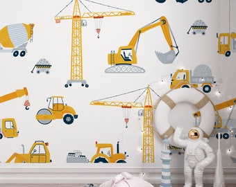 Construction Vehicle Wallpaper, Peel and Stick kids wallpaper, removable traffic vehicle wallpaper, self adhesive crane truck wallpaper