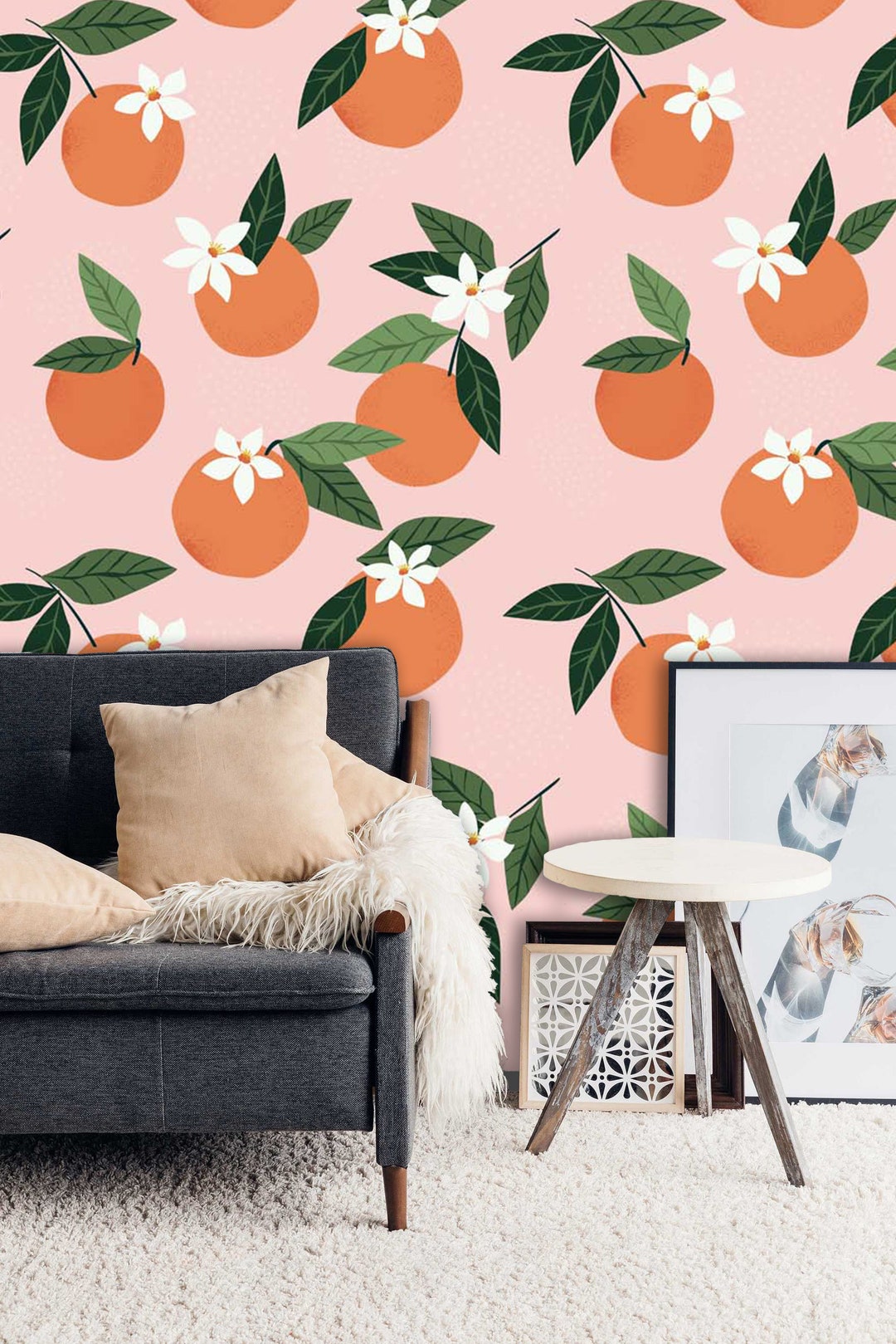 Orange Wallpaper on Pink Background Peel and Stick Wallpaper - Etsy