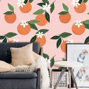 Orange Wallpaper on pink Background, Peel and Stick Wallpaper Self Adhesive Wallpaper Fruit Wallpaper Removable Wallpaper kitchen wall