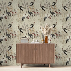 Papel pintado estilo chinoiserie con grullas y pájaros - Mural extraíble con ramas de árboles y pájaros - Papel pintado floral de garzas