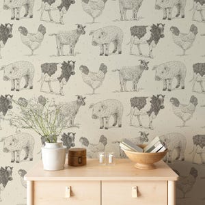 Farm Wallpaper, Removable Farmhouse Wall Paper, Wall Paper with Horses and Chickens, Neutral Colors Wall Decal