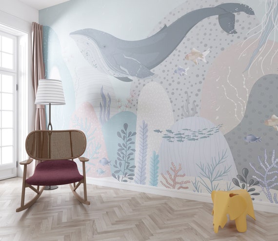 Blue Whale Wallpaper Ocean Motif Nursery Decor Removable - Etsy