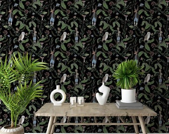 Bosbehang, paddestoelen, konijnenbehang, uilenbehang, kinderkamerbehang, kunst aan de muur, behang, pellen en plakken