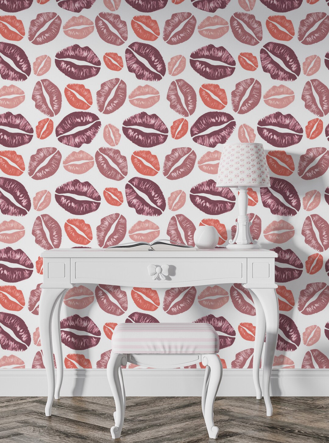 Red and Pink Lips on White Removable Wallpaper, Mural Room Decor