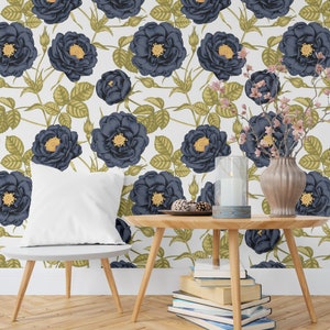 Blue Victorian Floral Blossoms on charcoal gray. Vintage Removable Self adhesive Wallpaper. Removable Peel and Stick Wallpaper #297