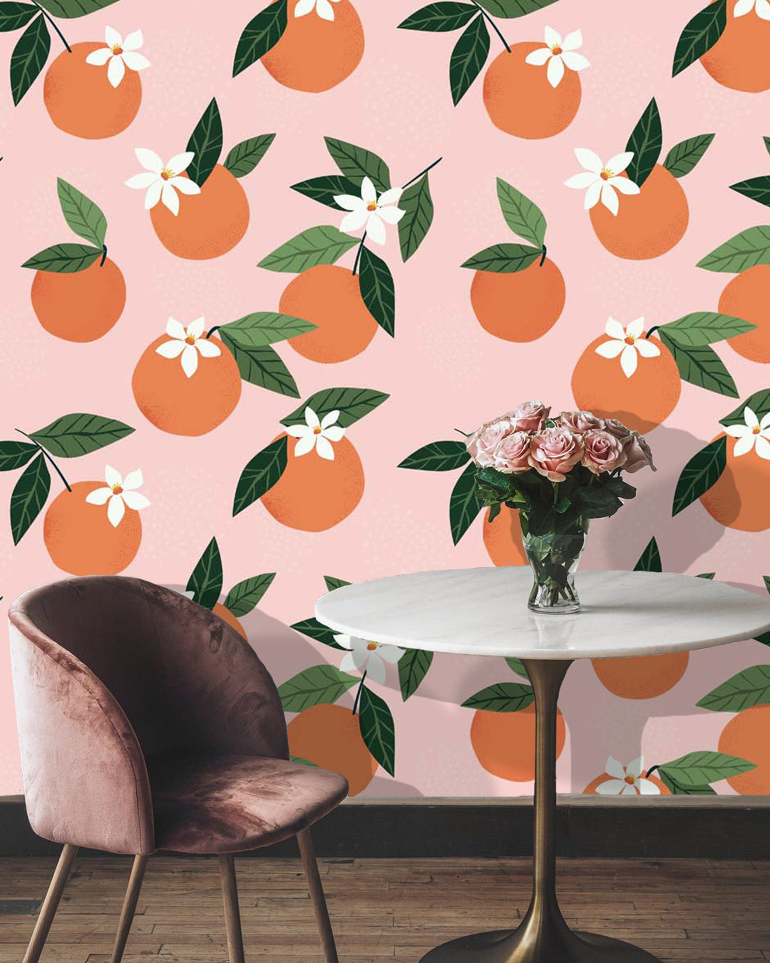 Orange Wallpaper on pink Background Peel and Stick Wallpaper | Etsy