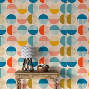 Abstract Round Shape Peel and Stick Removable Wallpaper, Circle Background Wallpaper, Retro Vibe Wall Wallpaper, Dots Removable Wallpaper