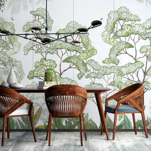 Peel and Stick Wallpaper Removable Wallpaper Tree Wall Mural Forest Wallpaper Forest Wall Mural Watercolor Wallpaper Birch Trees