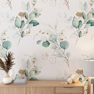 Blattmuster-Tapete, schälen und aufkleben grünes Eukalyptus-Aquarell-Blumenwandbild, Blätter-Zweige, botanische Tapete