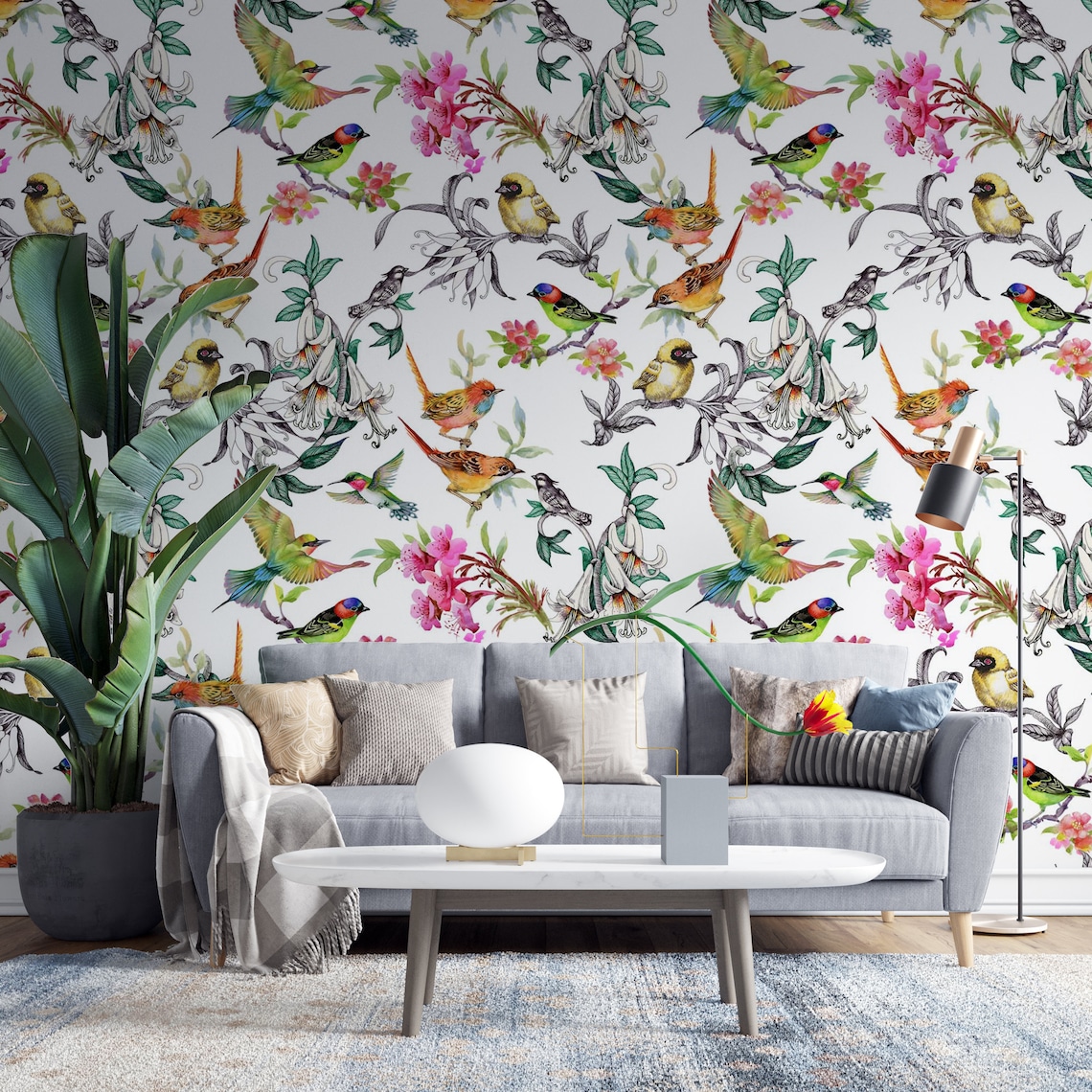 Birds & Flowers in Garden Wallpaper