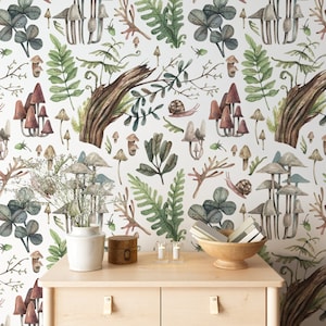 Mushrooms and herbs botanical wallpaper peel and stick vintage Mushroom print Removable wall mural, living room, garden