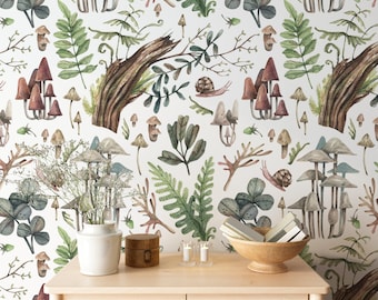 Papel pintado botánico de hongos y hierbas, despegable y pegable, vintage, con estampado de hongos, mural de pared extraíble, para sala de estar y jardín.