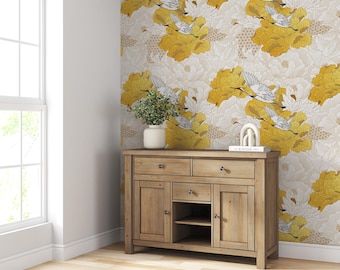 Cranes Wallpaper, Removable Peel and Stick Mural, Japanese Heron Chinoiserie Inspired Crane Wallpaper, Temporary Self Adhesive Herons