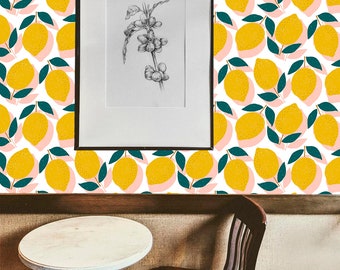 Lemon Branch Wallpaper | Removable Self Adhesive Watercolor Leaves Wallpaper | Peel and Stick or Pre-Pasted Wallpaper #69