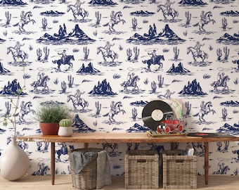 Western Cowboy wallpaper, Blue Vintage western decor, retro farmhouse mural, horse wallpaper Peel and stick and Traditional wallpaper