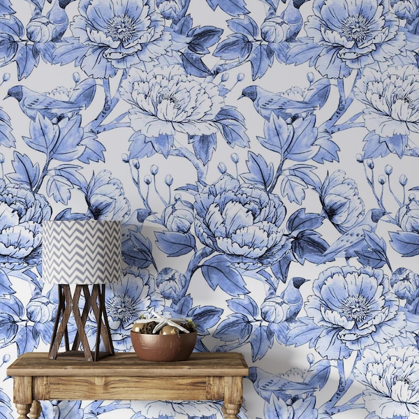 Blue Peonies Peel & Stick Wallpaper | Peony Removable Wallpaper | Floral Fabric Wallpaper #232