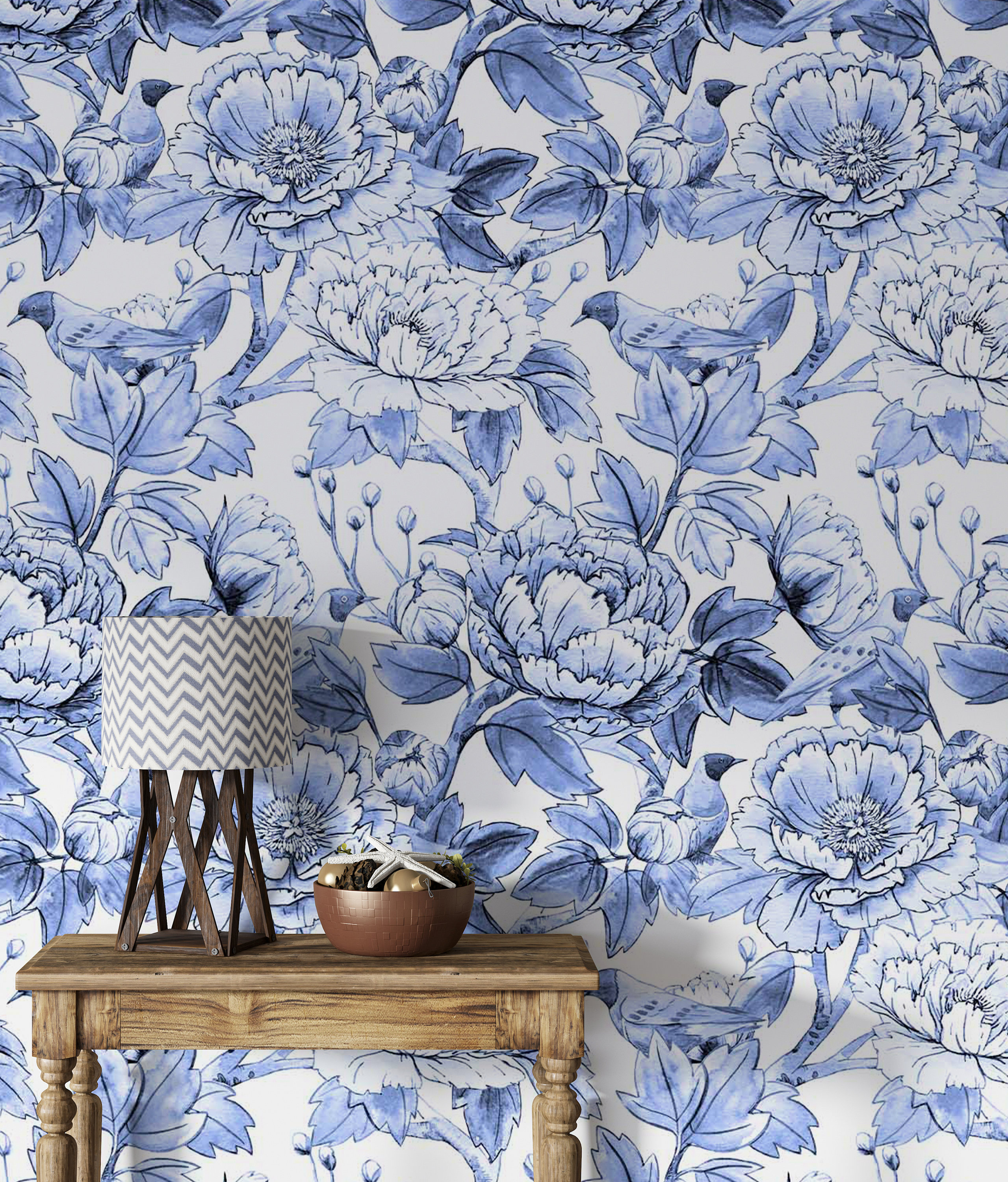 Blue Peonies Peel & Stick Wallpaper Peony Removable Etsy