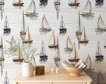 Ship Sailboat Nautical Peel and Stick Removable Wallpaper, Ocean Theme Temporary Wallpaper, Coastal Boats and Lighthouses Wallpaper