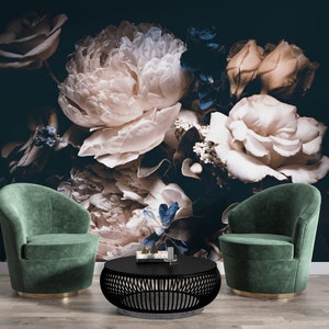 Wallpaper with Peony and Tulip Flowers, Large Black Wall Paper Decor, Designer Wildflowers Wallpaper, Blush Wallpaper Floral Mural #192