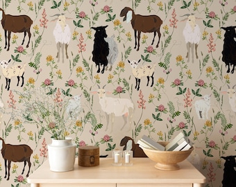 Farmhouse Wallpaper - Watercolor Goat Floral Farm animals wallpaper, Farm Wall Decor, Ranch Wallpaper, Goat Farmhouse Neutral Wallpaper