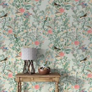 Elegant Bird and Blossom Wallpaper, Wildflower Garden and Birds Wallpaper, Peel and Stick Chinoiserie Floral Mural for Bedroom Decor