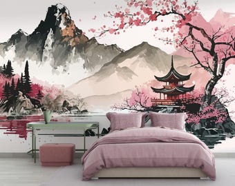 Papel pintado de paisaje montañoso asiático, mural de pared de cerezos en flor de estilo japonés, papel pintado autoadhesivo, papel pintado extraíble