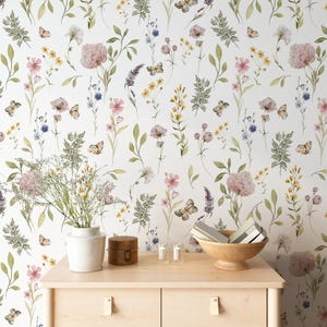 Sommer Wildblumen Schälen und Aufkleben Tapete, Weiße Floral Abnehmbare Tapete, Nahtlose Tapete, Florale Nahtlose Kleine Garten Tapete
