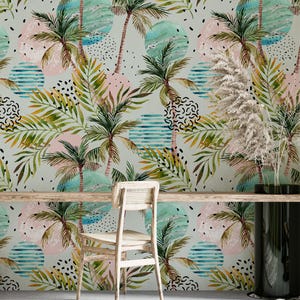 Carta da parati con palme, carta da parati tropicale, rosa e verde, stacca e attacca, carta da parati con palme acquerellate, carta da parati autoadesiva
