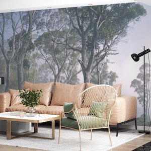 Misty Woodland wallpaper with trees, Tree Mural Wallpaper forest landscape, green wallpaper, Peel and Stick Nature Wall Art