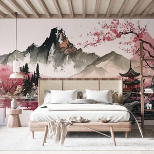 Asian Mountain Landscape Wallpaper, Japanese Style Cherry Blossom Wall Mural, Peel and Stick Wallpaper, Removable Wallpaper
