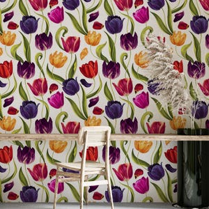 Tulip Wallpaper, Designer Tulip Wallpaper, Floral Wallpaper, Peel and Stick Wallpaper, Nature Wallpaper, Flower Botanical Wallpaper