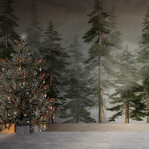 Misty Pine Tree Forest Landscape Wallpaper, Green and gray Removable Mural, Seamless Forest Wallpaper, Classic Forest Decor, Vintage Nature