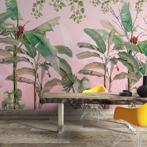 Banana Leaves Jungle Wallpaper, Tropical Rainforest Print Soft Pink Wall Decor, Tropical Jungle Decor, Banana Leaves Print, Banana Wallpaper