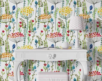 Floral Pattern Peel and Stick Wallpaper, Floral Removable Wallpaper, Seamless Botanical Flowers Wall Paper Art, Scandinavian Decor #163