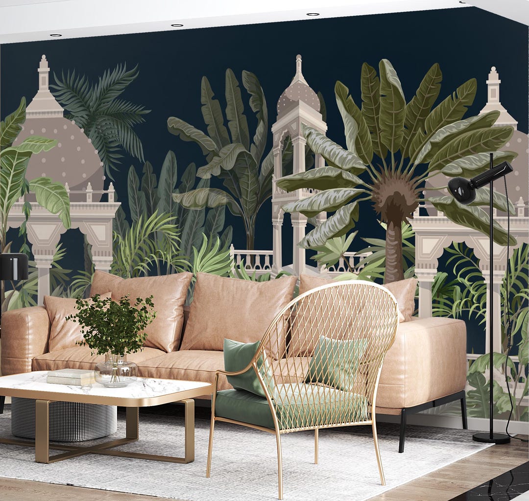 Indian Jungle Peel and Stick Wallpaper, Dark Tropical Wall Mural, Palms ...