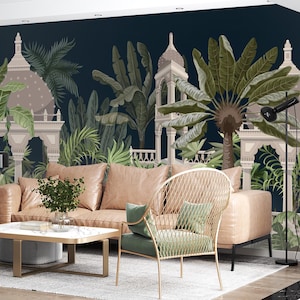 Indian Jungle Peel and Stick Wallpaper, Dark Tropical Wall Mural, Palms and Elephants, Peel and Stick Wallpaper
