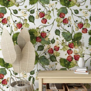 Strawberry and leaves wallpaper, Red and Green Botanical Peel and Stick Wallpaper, Peel and Stick Or Non Self-Adhesive Vinyl Wallpaper