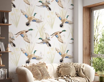 May include: A living room with a cream-colored sofa, a black coffee table, and a wall covered in wallpaper featuring flying ducks. The ducks have green heads, blue wings, and brown bodies. The room has a modern design.