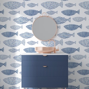 Blaue Tapete, Fisch-Tapete zum Schälen und Aufkleben, Haus am See, Angeln-Tapete, Cottage-Wanddekor