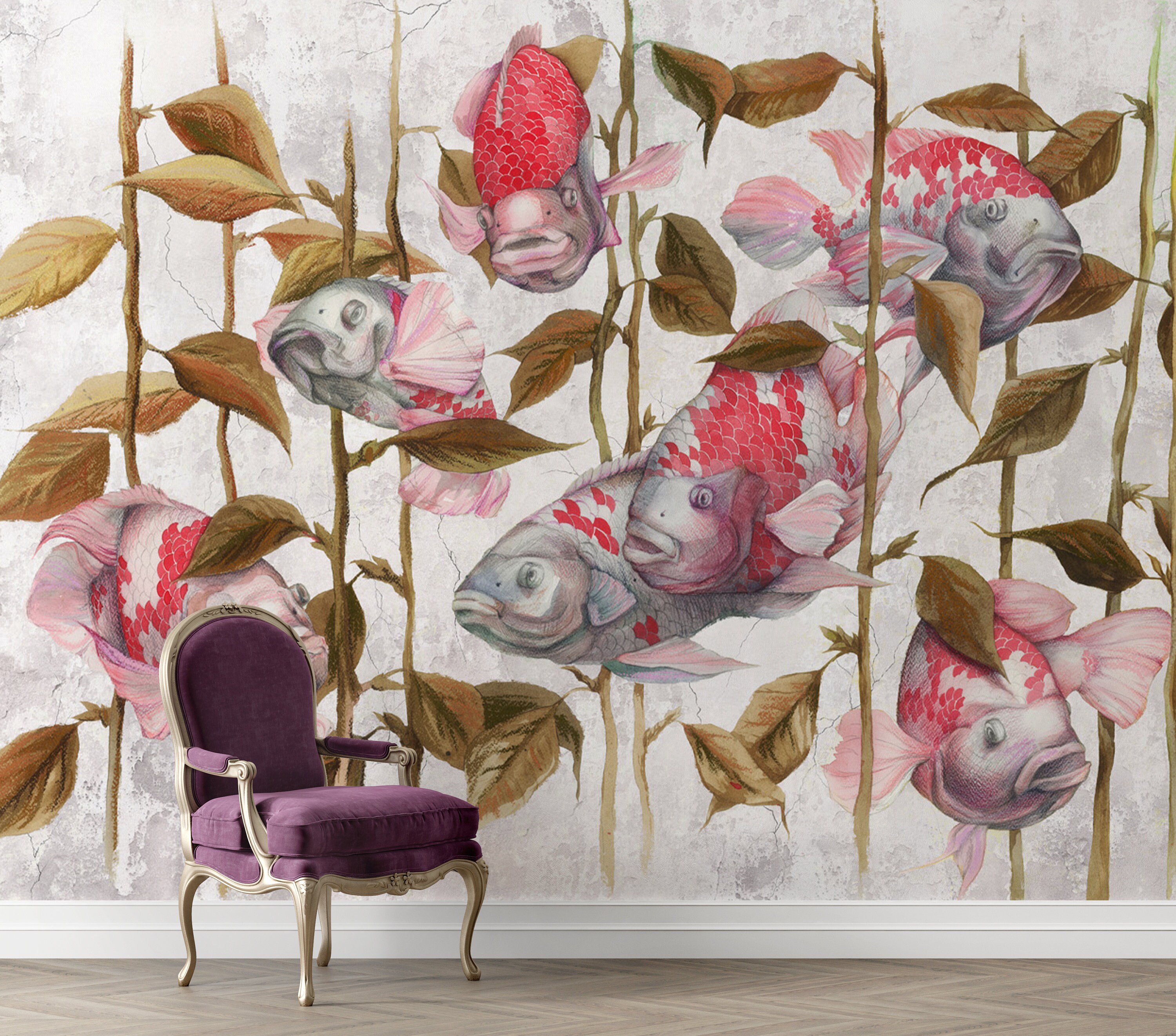 Koi Fish Mural Modern Wallpaper Wallpaper for Bathroom Fish - Etsy